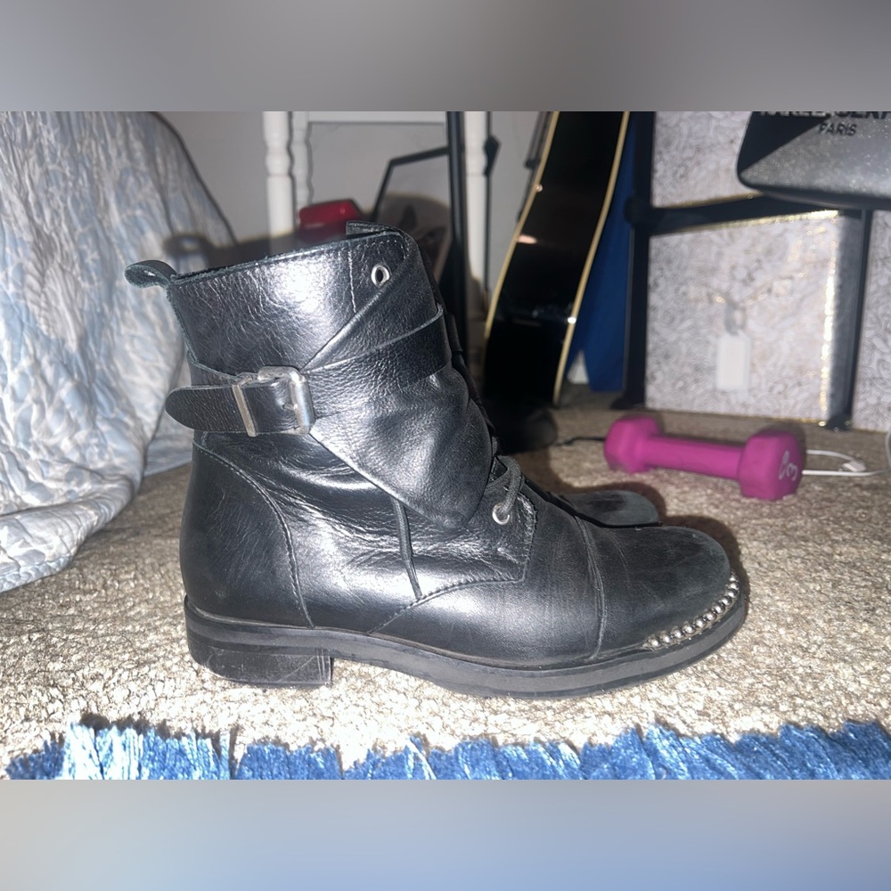 Charles David Black Faux Leather Chain Boots Womens